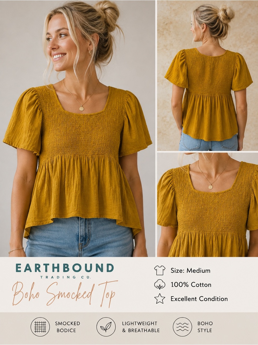 Earthbound Trading Co Mustard Smocked Boho High Low Top Medium 100% Cotton